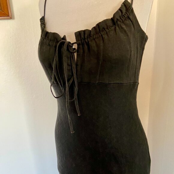VTG 90s 2000 y2k Black Maxi Midi 100% Linen Milk Maid Dress Potrait Tie Sun Med - Picture 11 of 15